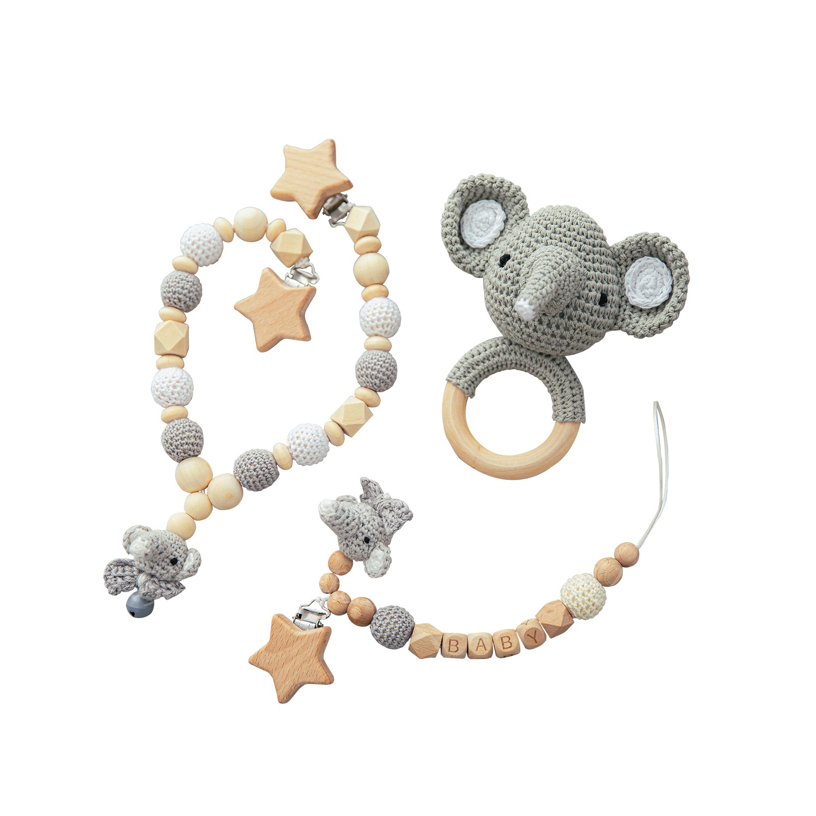 Baby Teether Set: Wooden Rattle, Crochet Toy & Pacifier Chain - MAMTASTIC