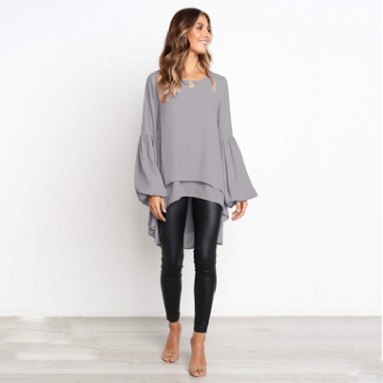 Title 1, Round Neck Lantern Sleeve Irregular Ladies Top