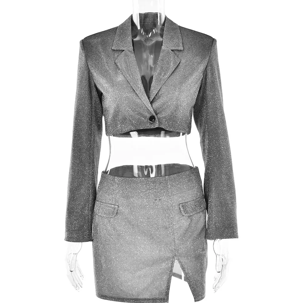 Sexy Cutout V-neck Long Sleeve Slim-fit Shiny Suit Top Skirt Two-piece Suit - Silver