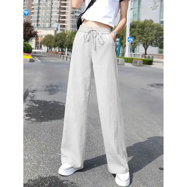 Women's Casual Pants Drawstring Elastic Waist Pants Flowy Wide Leg Trousers With Pockets White - Shop at LoveMi