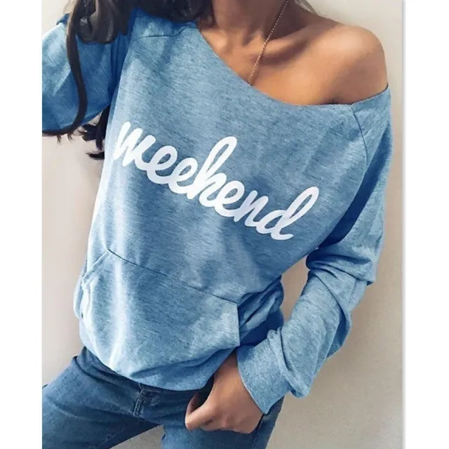 English Alphabet Print Off Shoulder Long Sleeved Sweatshirt Blue - Shop at LoveMi
