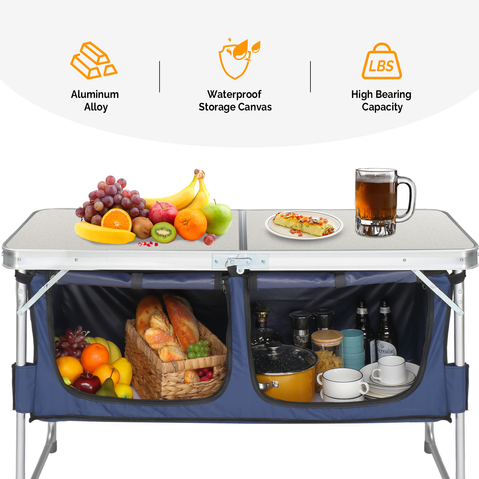 4ft Aluminum Folding Camping Table With 2 Large Storage Compartments, Portable Outdoor Picnic BBQ Buffet Serving Table 10