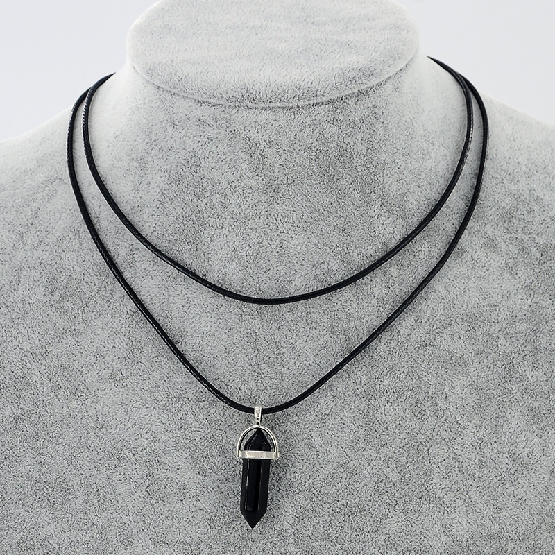 Natural Stone Pendant Double Leather Rope Crystal Hexagonal Column Necklace Black - Shop at LoveMi