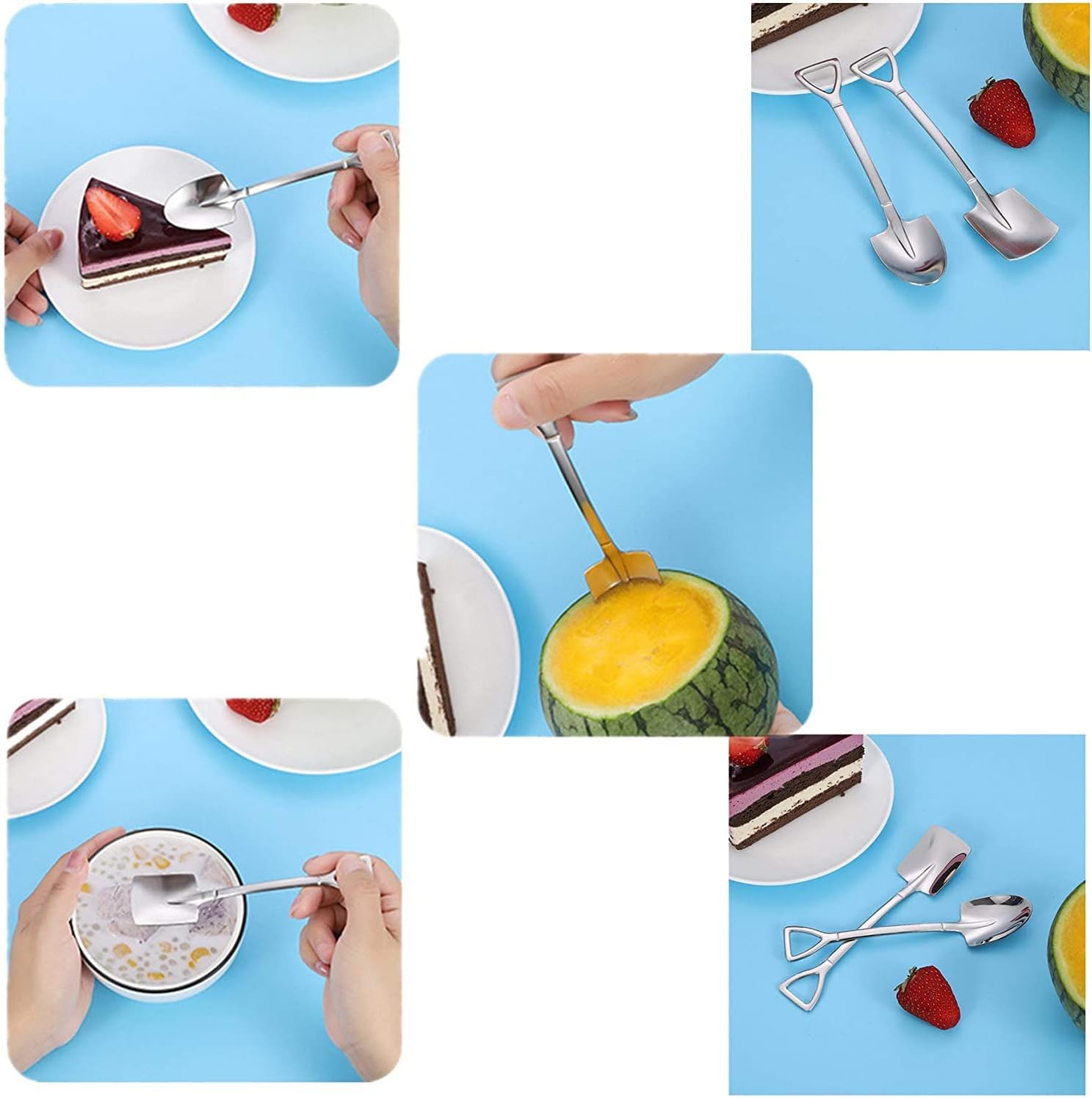 4-Piece Shovel Shape Dessert Spoon Set. The package comes with 4pcs dessert spoons, including 2pcs pointed shovel-shaped spoons pointed and 2pcs shovel shape spoons. Made of high-quality food-grade stainless steel, sturdy, durable and corrosion resistant.