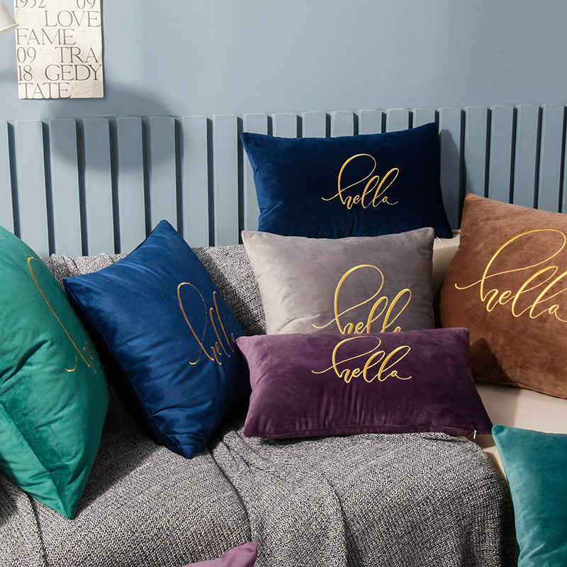 Simple Solid Color Gold Thread Embroidery Couch Pillow Netherlands Velvet Model Room Office Small Waist