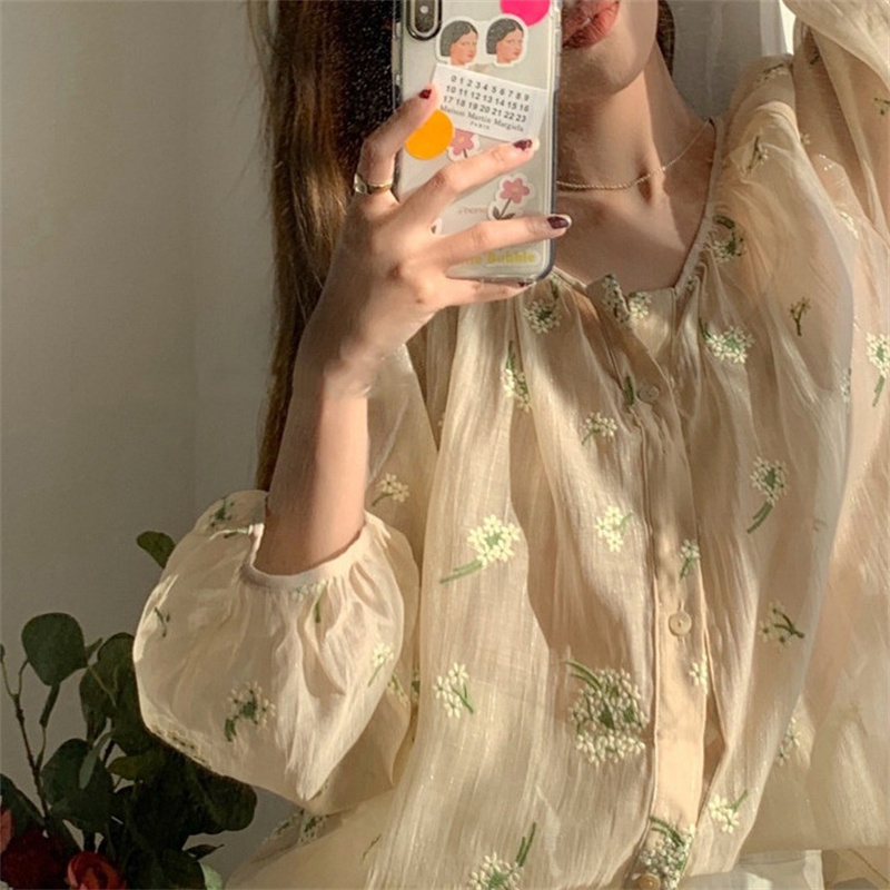 Women's 3D Embroidered Nude Beige Blouse