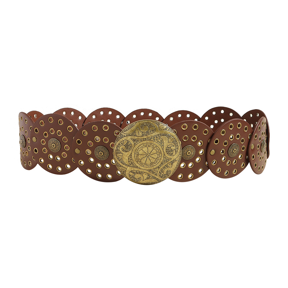 Fashion Punk Exaggerated Round Cutout Personality Belt Ladies Metal Retro Wide Belt Gold Reedish Brown2.0 - Shop at LoveMi