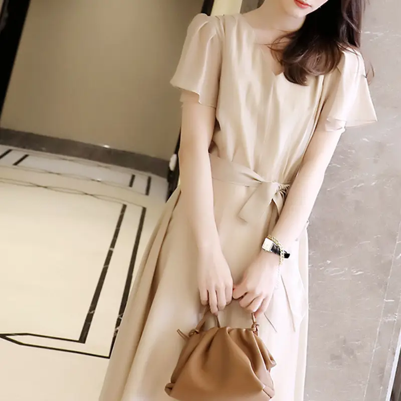 Elegant V-neck Long-sleeved Chiffon Dress