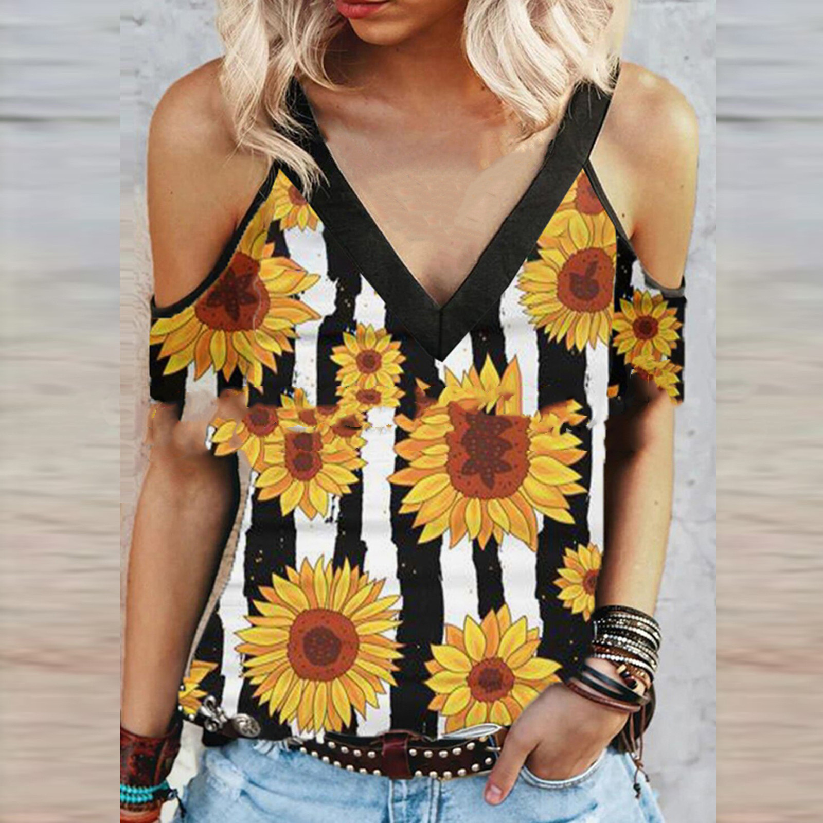 V-neck Contrast Off-shoulder Outer Wear High Stretch Fabric T-shirt