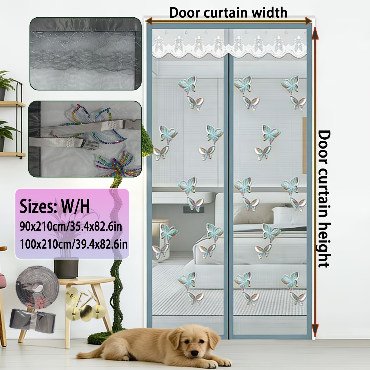 Durable Mosquito Mesh Door, Butterfly Embroidery, Magnetic Auto-Close, Thick Net, Self-Adhesive, Easy Install, Bedroom, Kitchen, Living Room, Balcony — foto 14