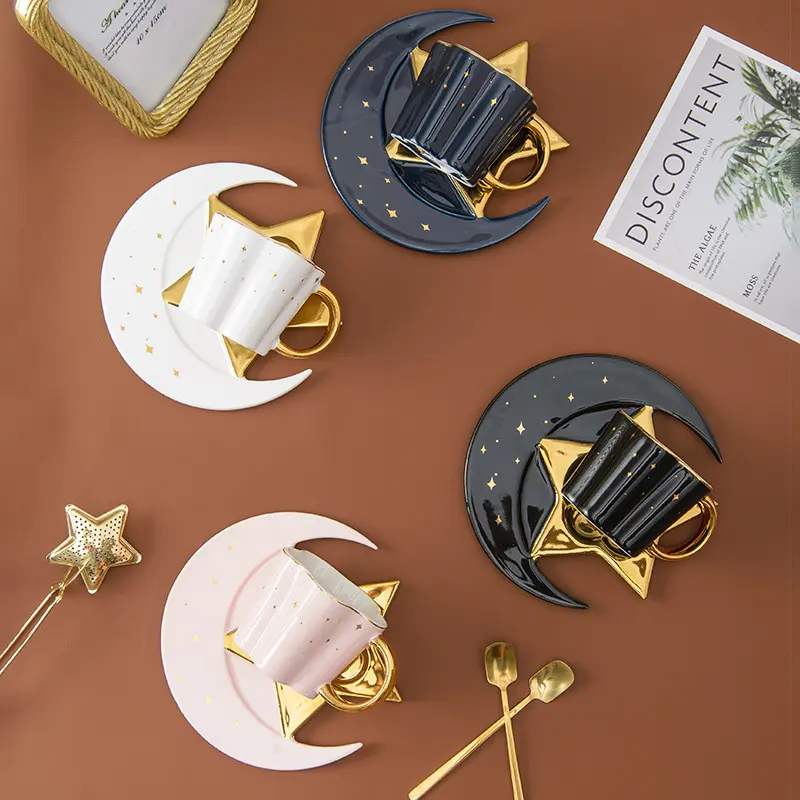 Creative Ceramic Cup with Star and Moon Saucer