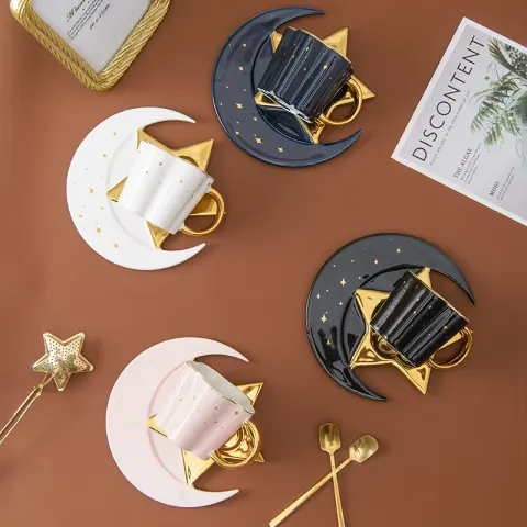 Creative Ceramic Cup with Star and Moon Saucer