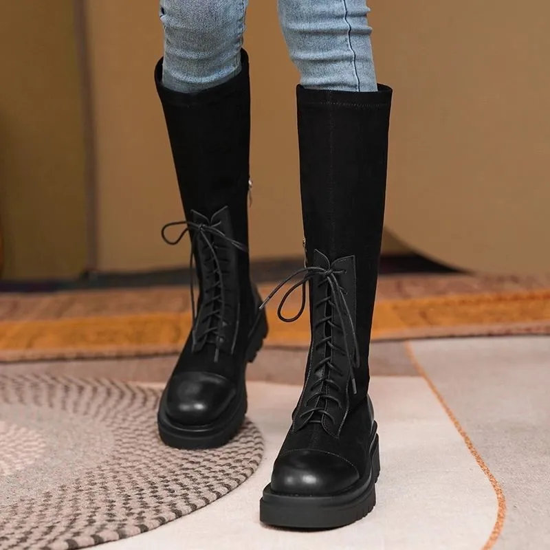 Thick-soled Thinner Lace-up Knight Boots Women Are Small But Knee-length Autumn And Winter - Black