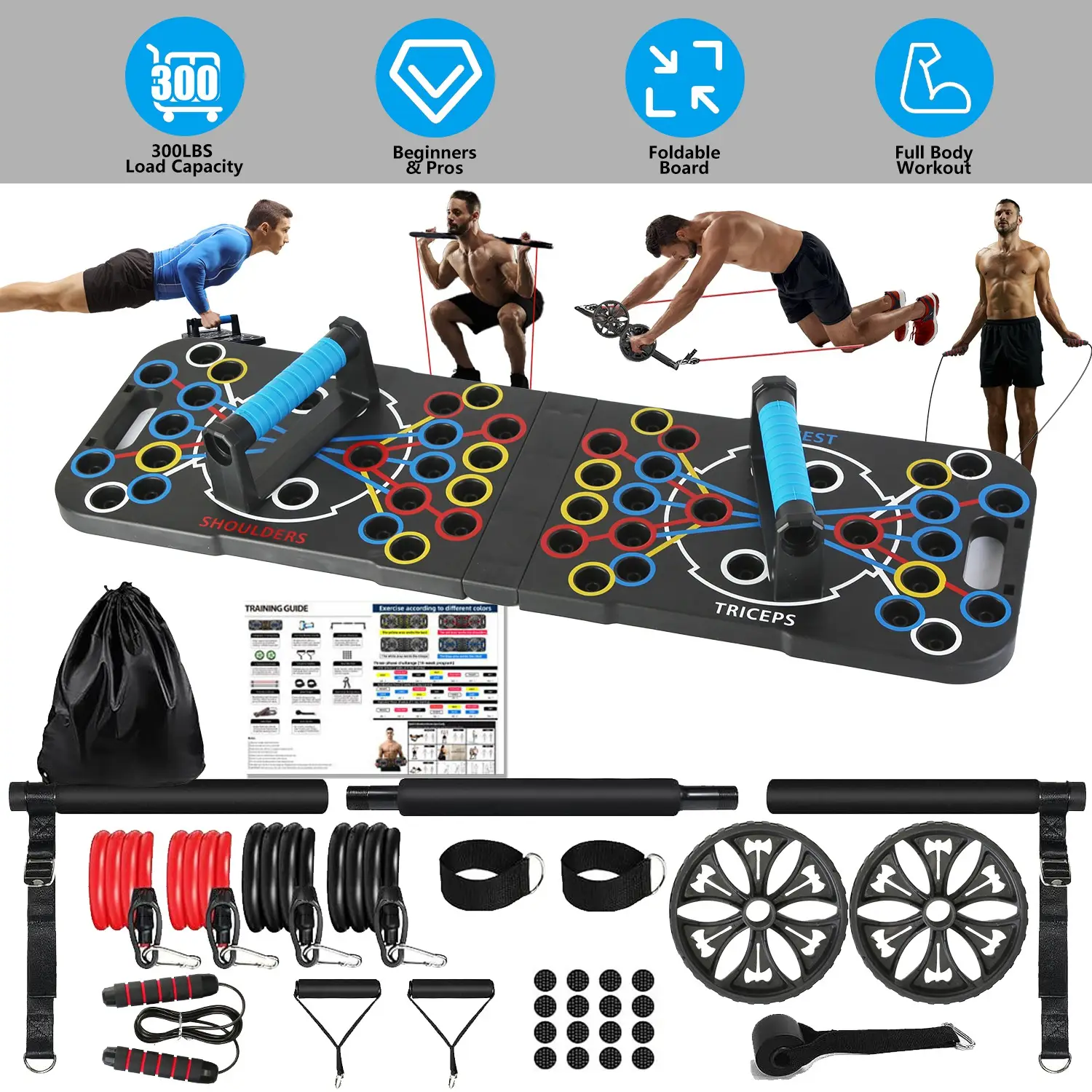Multifunctional Push Up Board Home Strength Training Equipment With 15 Fitness Accessories Pilates Bar Resistance Band Roller Wheel Full Body Workout Home Gym E
