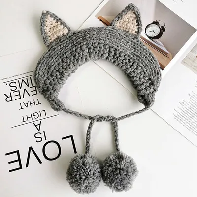 Fox Girl Sweet And Cute Warm Knitted Wool Tie Earmuffs Grey - Shop at LoveMi