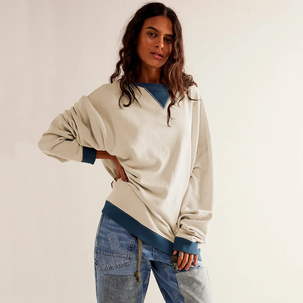 Fashion Color-matching Pullover Sweatshirt Street Casual Loose Lantern Sleeve Tops Sports Womens Clothing - Apricot