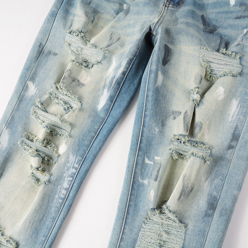Torn Graffiti Old Wash Stretchy Slim Jeans Men