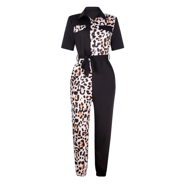 Casual Lapel Belt Printed Work Overalls Black - Shop at LoveMi
