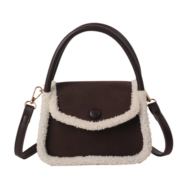Fashion Lamb Plush Handbag One Shoulder Diagonal Saddle Bag Coffee - Shop at LoveMi