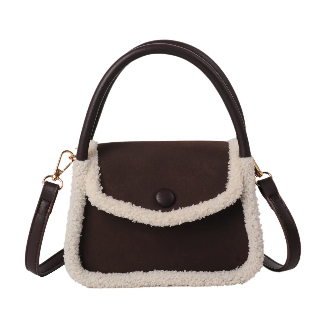 Fashion Lamb Plush Handbag One Shoulder Diagonal Saddle Bag - Coffee