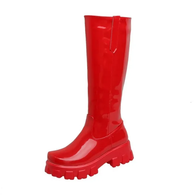 Women Knee High Boots Wedges High Heels Platform Lace Up Plush Inside Warm Fur Red - Shop at LoveMi