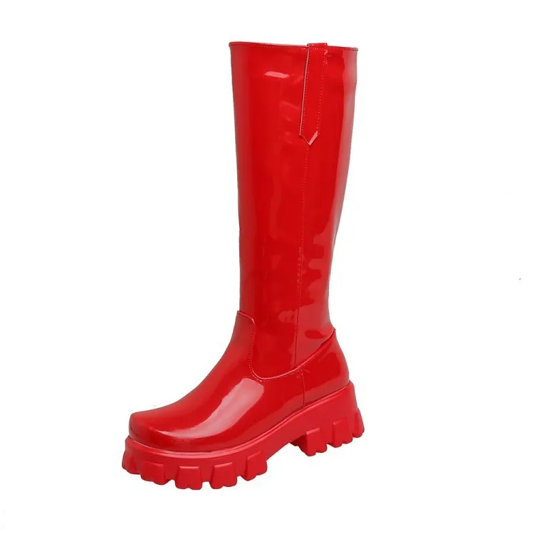 Women Knee High Boots Wedges High Heels Platform Lace Up Plush Inside Warm Fur - Red