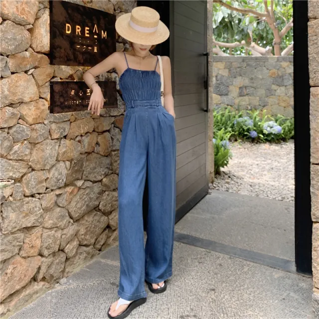 Retro Slim Pleated Suspender Denim One Piece Wide Leg Pants Blue - Shop at LoveMi