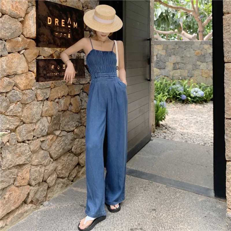 Retro Slim Pleated Suspender Denim One Piece Wide Leg Pants - Blue