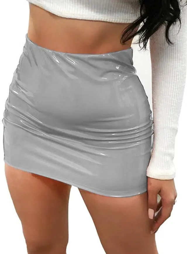 Europe And America Bright Leather Bag Hip Half Length Miniskirt Silver - Shop at LoveMi