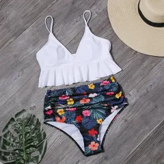 Fashion Printed Swimsuit For Women Ruffle Swimwear - White - View 1