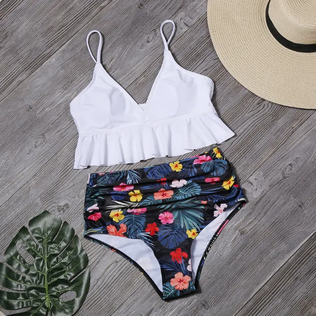 Fashion Printed Swimsuit For Women Ruffle Swimwear White - Shop at LoveMi