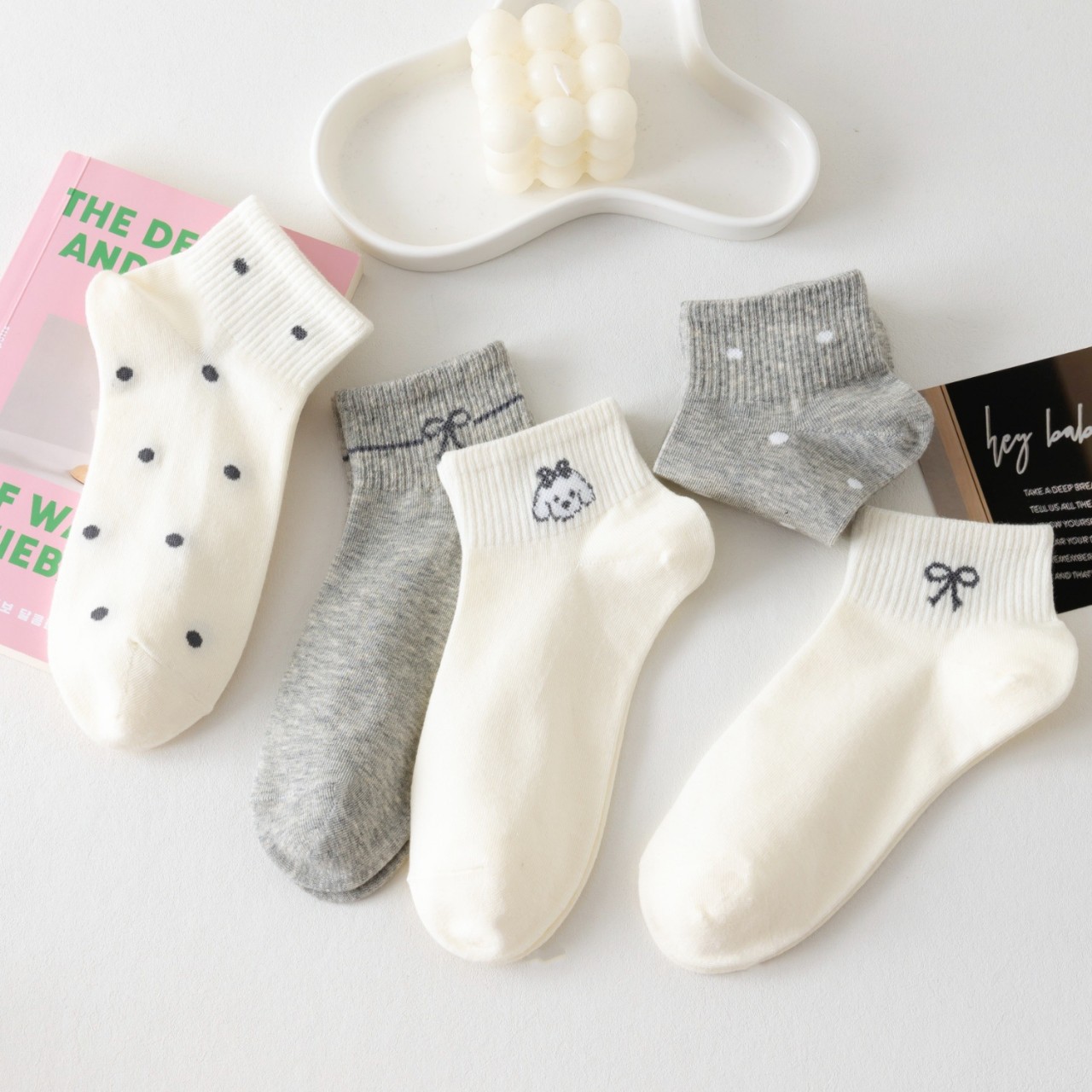 Coquette Bow Print Ribbed Ankle Socks, Neutral Tone Cute Bow Pattern Short Socks, Women's Casual Cotton Socks For Daily Wear & Preppy Style