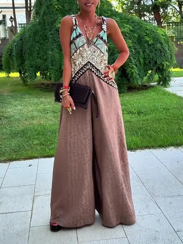 Ethnic Print Paneled Sleeveless Wide Leg Jumpsuit Brown - Shop at LoveMi
