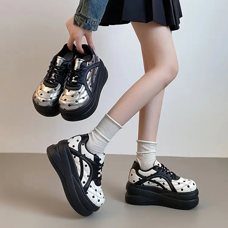 Women Polka Dot Platform Sneakers Metallic Panel
