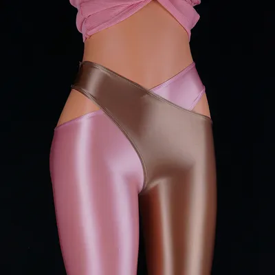 Glossy Leggings Patchwork Color Cross Open Crotch Pants Pink Champagne - Shop at LoveMi