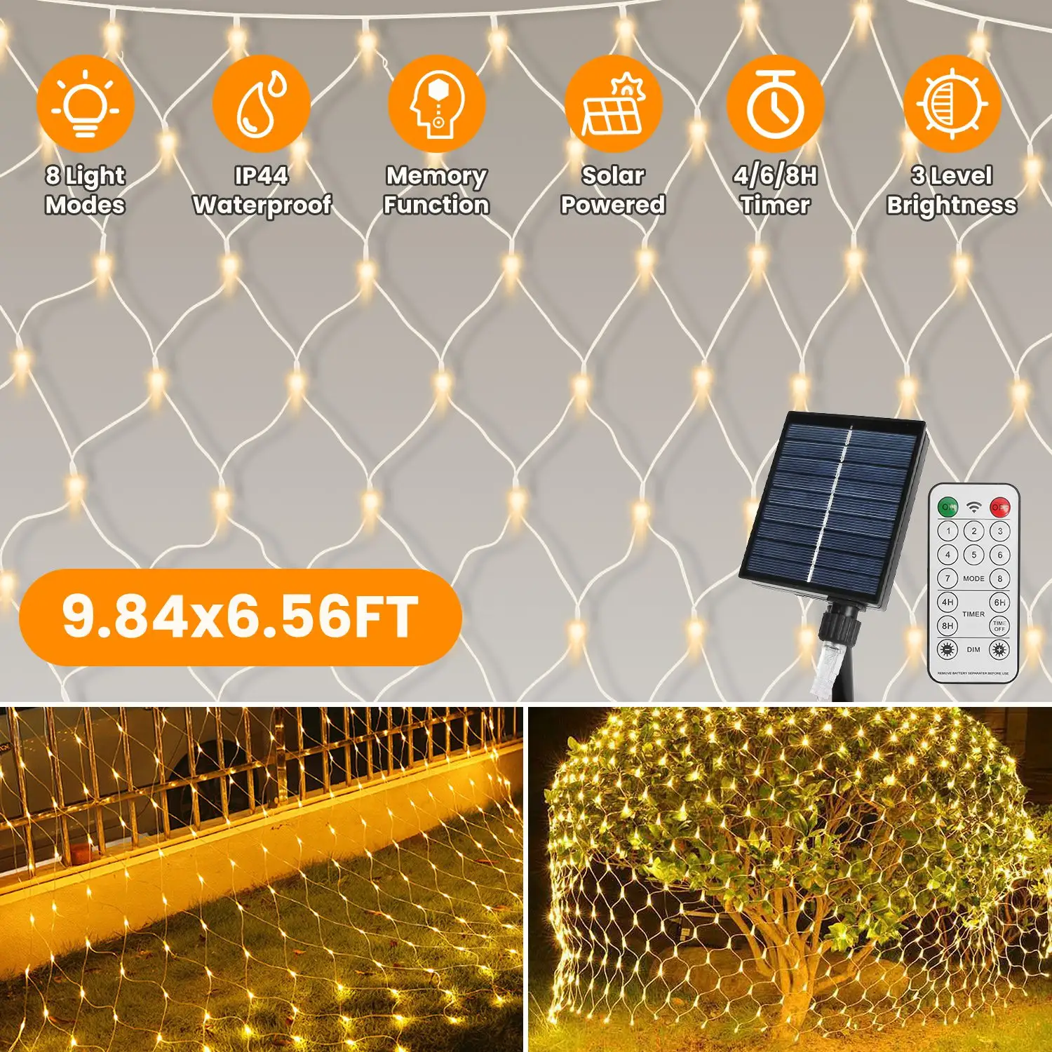 9.84x6.56FT 192LED Solar Christmas Net Lights Outdoor