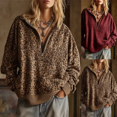 NewArrivalFall Winter HotsellingLeopard Print ZipUp Versatile Casual Womens Hoodie
