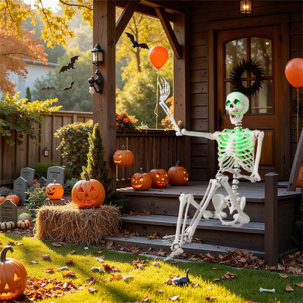 5.5ft Life-Size Pre-Lit Halloween Skeleton - Built-In Green LED Lights (Eyes/Chest), Fully Poseable Joints, PP+PE Material-23