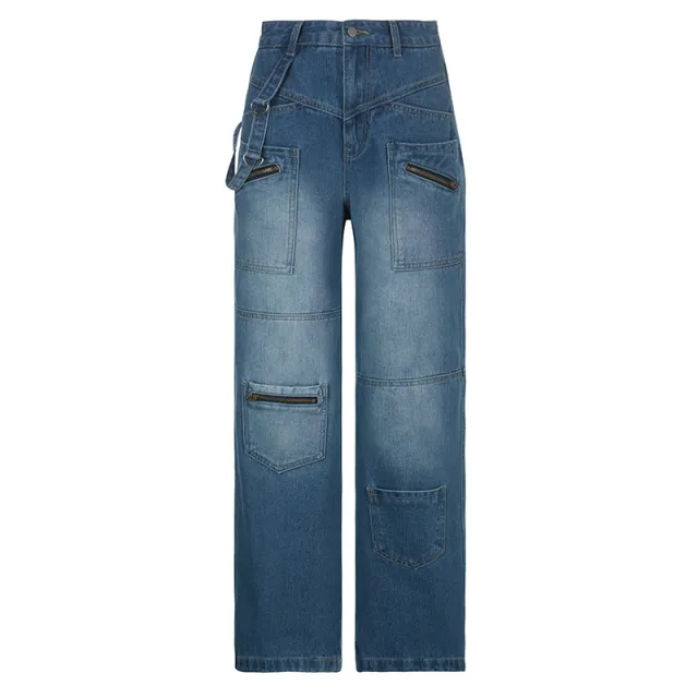 Women's Heavy Zipper Cargo Jeans Blue - Shop at LoveMi
