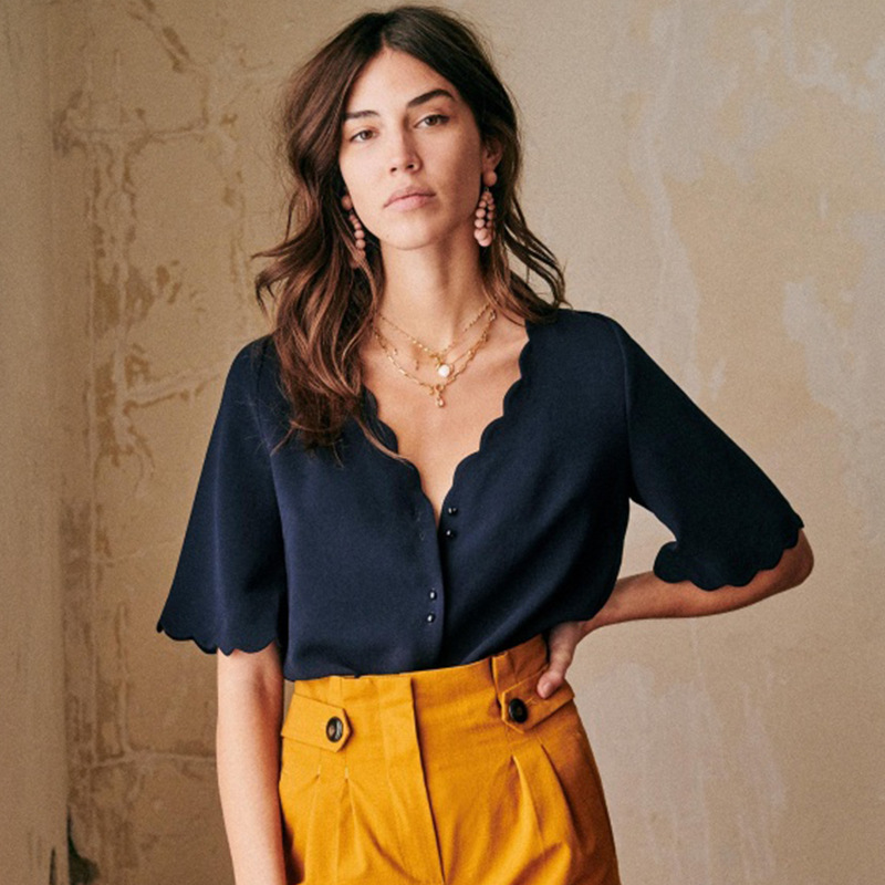 Petal V neck Five point Sleeve Temperament Shirt All match Blouse Women Blue - Shop at LoveMi