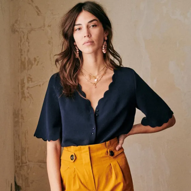 Petal V neck Five point Sleeve Temperament Shirt All match Blouse Women Blue - Shop at LoveMi