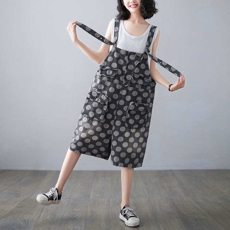New Real Shot Summer Denim Polka Dot Print Overalls