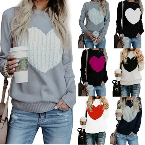 Love Printed Pullover Sweater for Women Solid Color Spring