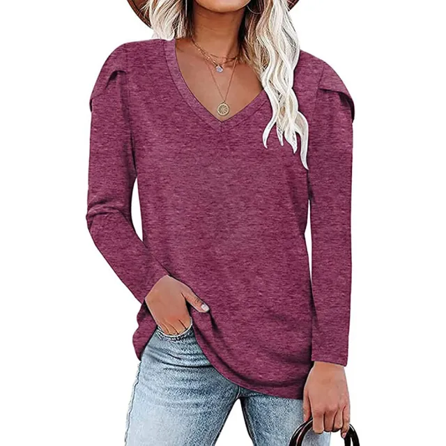 Women's Long Sleeve Tile Sleeve V Neck Loose Pullover T Shirt Red - Shop at LoveMi