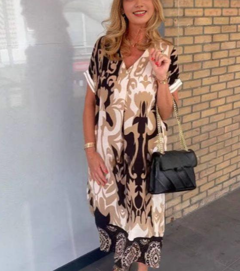 New Women's Short Sleeved Popular V-neck Simple And Fashionable Printed Casual Dress Loose Dress