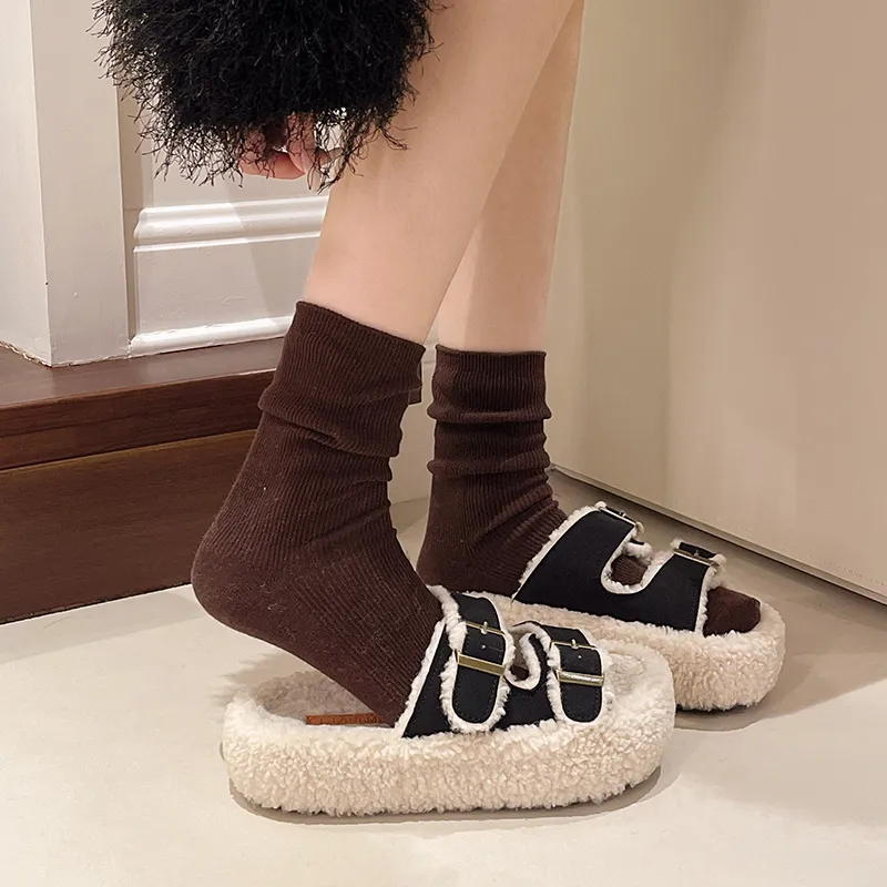 Women Platform Fuzzy Slides Plus Size