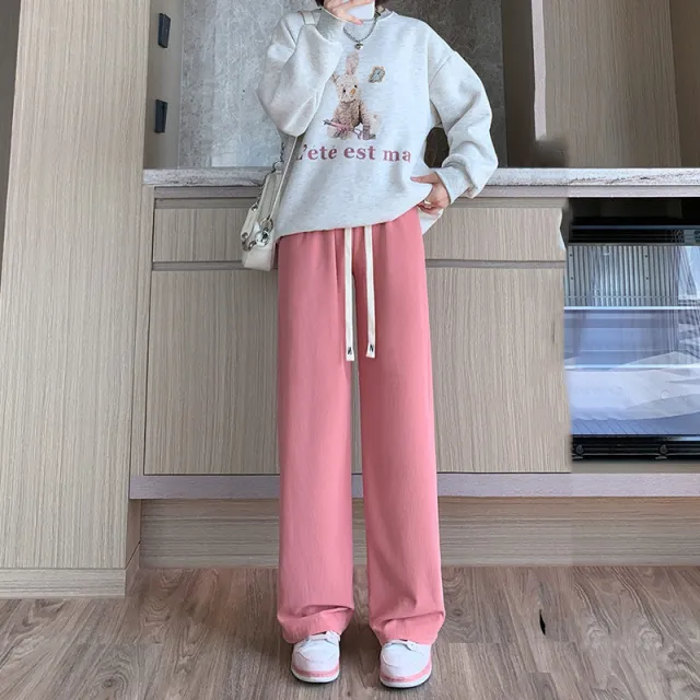 Women's High Waist Loose Straight Casual Knitting Pants Petite Pink - Shop at LoveMi