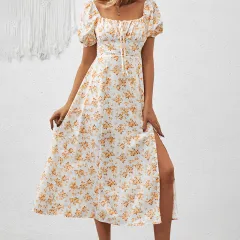 Women's Square Neck Floral Print Dress With Puff Sleeves & Side Slit - Elegant Spring Summer Boho Maxi Dress - Yellow - View 1