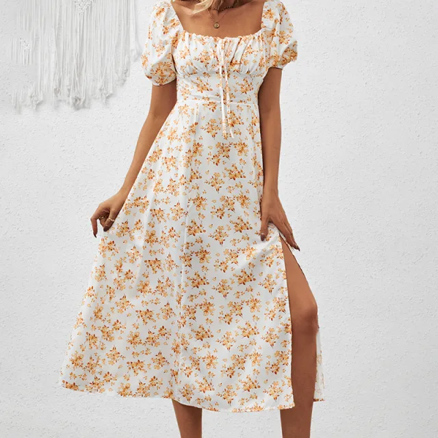 Women's Square Neck Floral Print Dress With Puff Sleeves & Side Slit Elegant Spring Summer Boho Maxi Dress Yellow - Shop at LoveMi