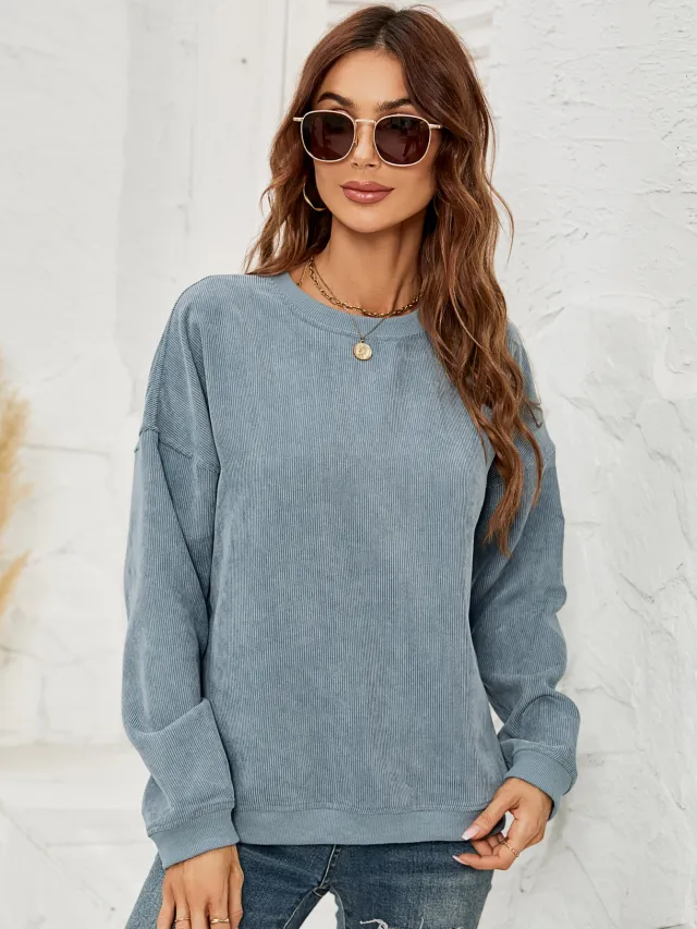 Corduroy Pullover Sweatshirt Casual Fashion Solid Round Neck Long sleeved Tops Spring And Autumn Clothing For Women Blue - Shop at LoveMi